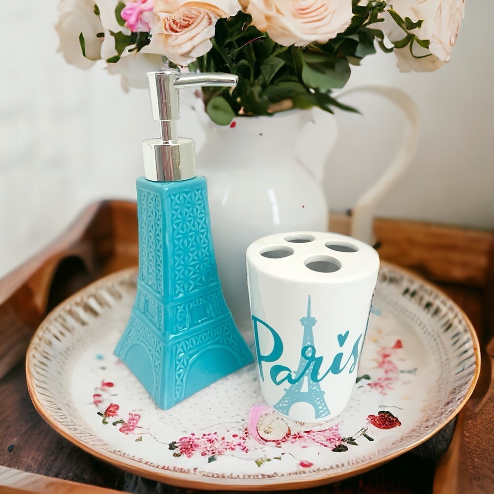 Paris Eiffel Tower Liquid Soap Pump Toothbrush Holder Set | Aqua Blue